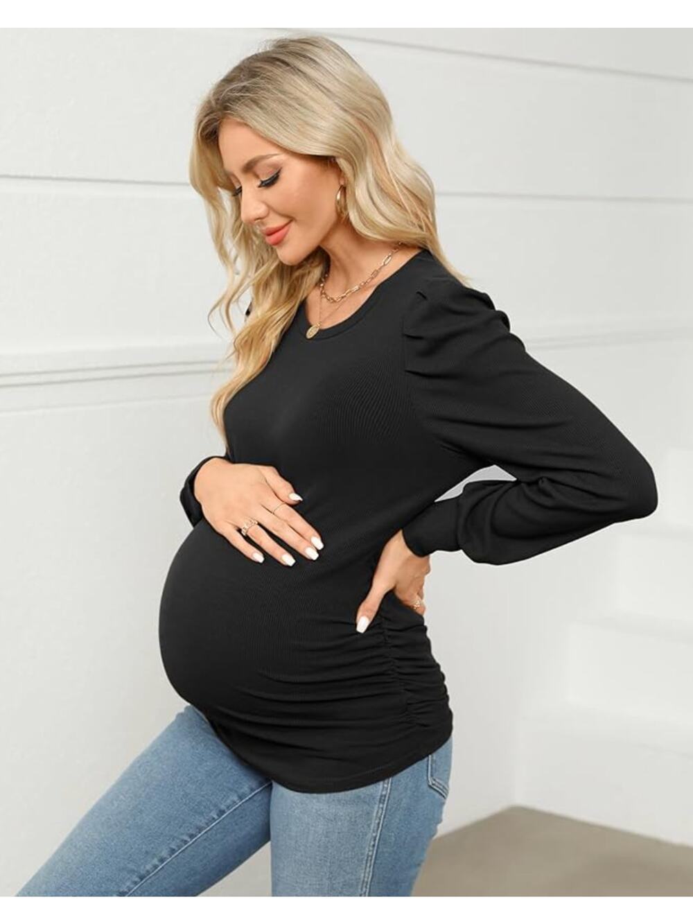 Onedreamer Maternity Solid Black Long Sleeve Top NEW